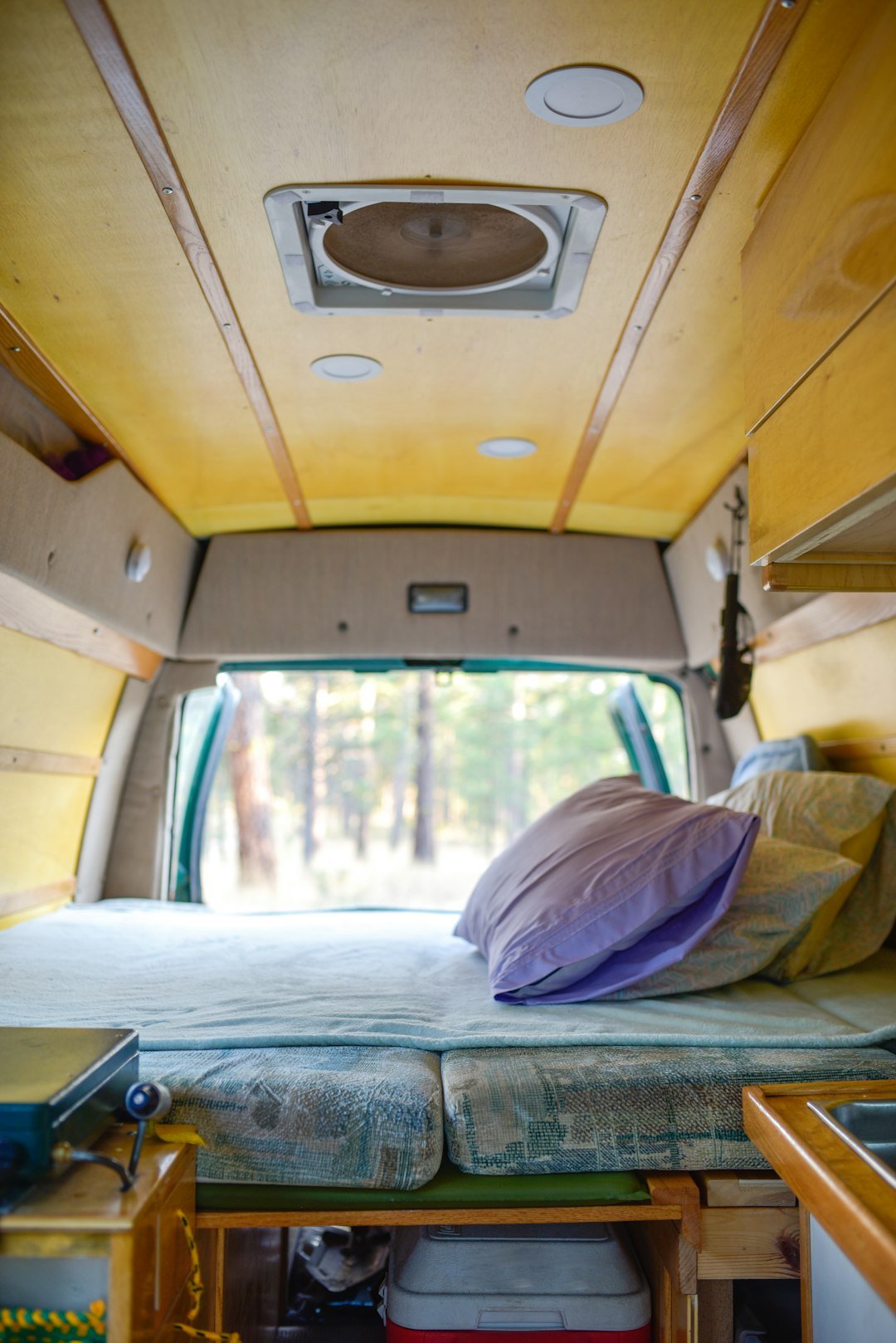 Interior van build of a 1999 Ford e250 renovated campervan